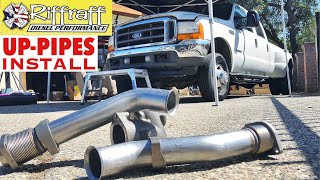 2001 F350 73  RiffRaff UpPipes Install  Stock up pipes leaking and falling apart JUNK SP [upl. by Salisbarry]